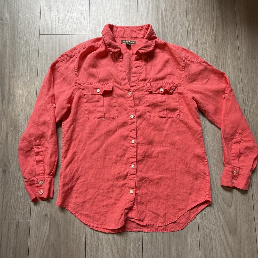 Tommy Bahama Salmon Button Down 100% Linen Shirt Summer Coastal Seaside Medium